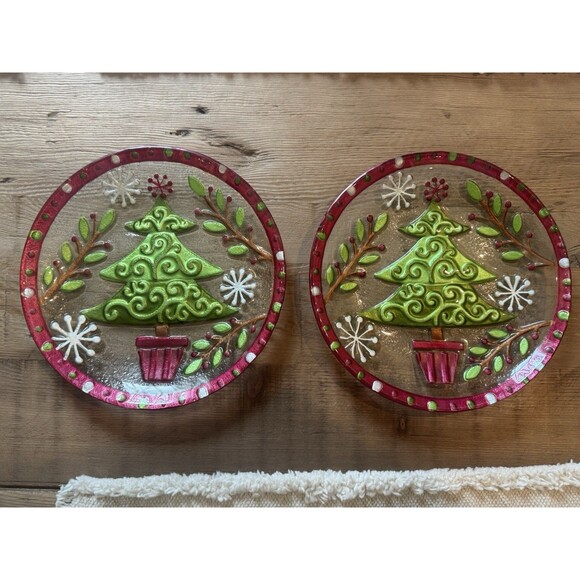 Set of 2 Christmas holiday rare Tree Glass Appetizer Dessert Plates 8” NWT - Picture 6 of 8
